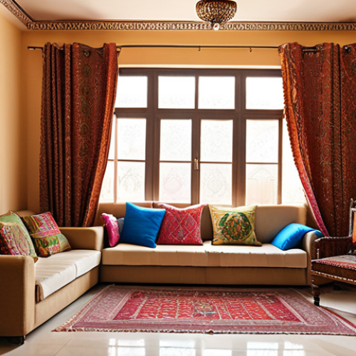 Home 4 A cozy living room in Pakistan, featuring dust-blocking curtains in a vibrant, traditional pattern. Focus on the clean air and natural light filtering through the curtains. Show a family enjoying the healthy atmosphere.