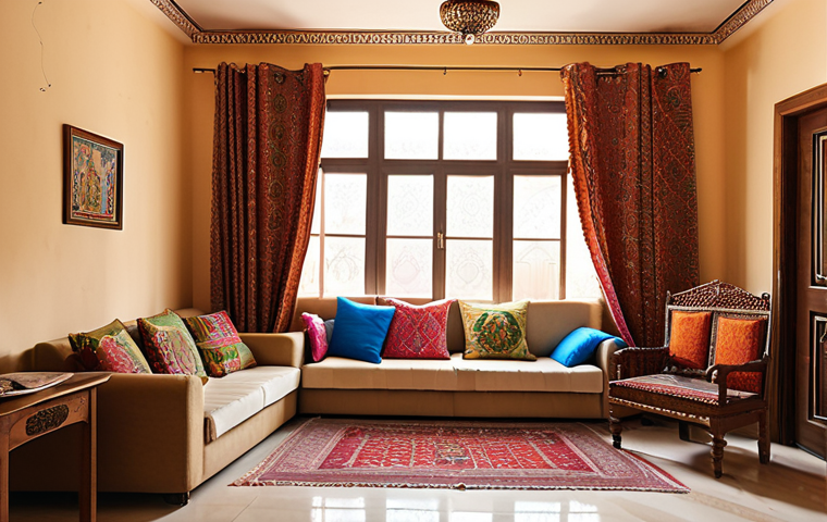 A cozy living room in Pakistan, featuring dust-blocking curtains in a vibrant, traditional pattern. Focus on the clean air and natural light filtering through the curtains. Show a family enjoying the healthy atmosphere.