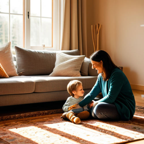 Home 21 **
A family-friendly scene in a cozy living room. A mother and child, both fully clothed in comfortable, modest attire, are sitting on a sofa near a window letting in warm sunlight. The room is decorated in warm tones, with a thick rug on the floor. "Safe for work, appropriate content, fully clothed, perfect anatomy, natural proportions, professional interior design photography, warm lighting, comfortable home environment."
**