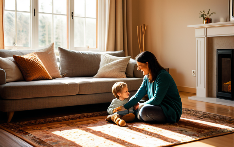 **
A family-friendly scene in a cozy living room. A mother and child, both fully clothed in comfortable, modest attire, are sitting on a sofa near a window letting in warm sunlight. The room is decorated in warm tones, with a thick rug on the floor. "Safe for work, appropriate content, fully clothed, perfect anatomy, natural proportions, professional interior design photography, warm lighting, comfortable home environment."
**