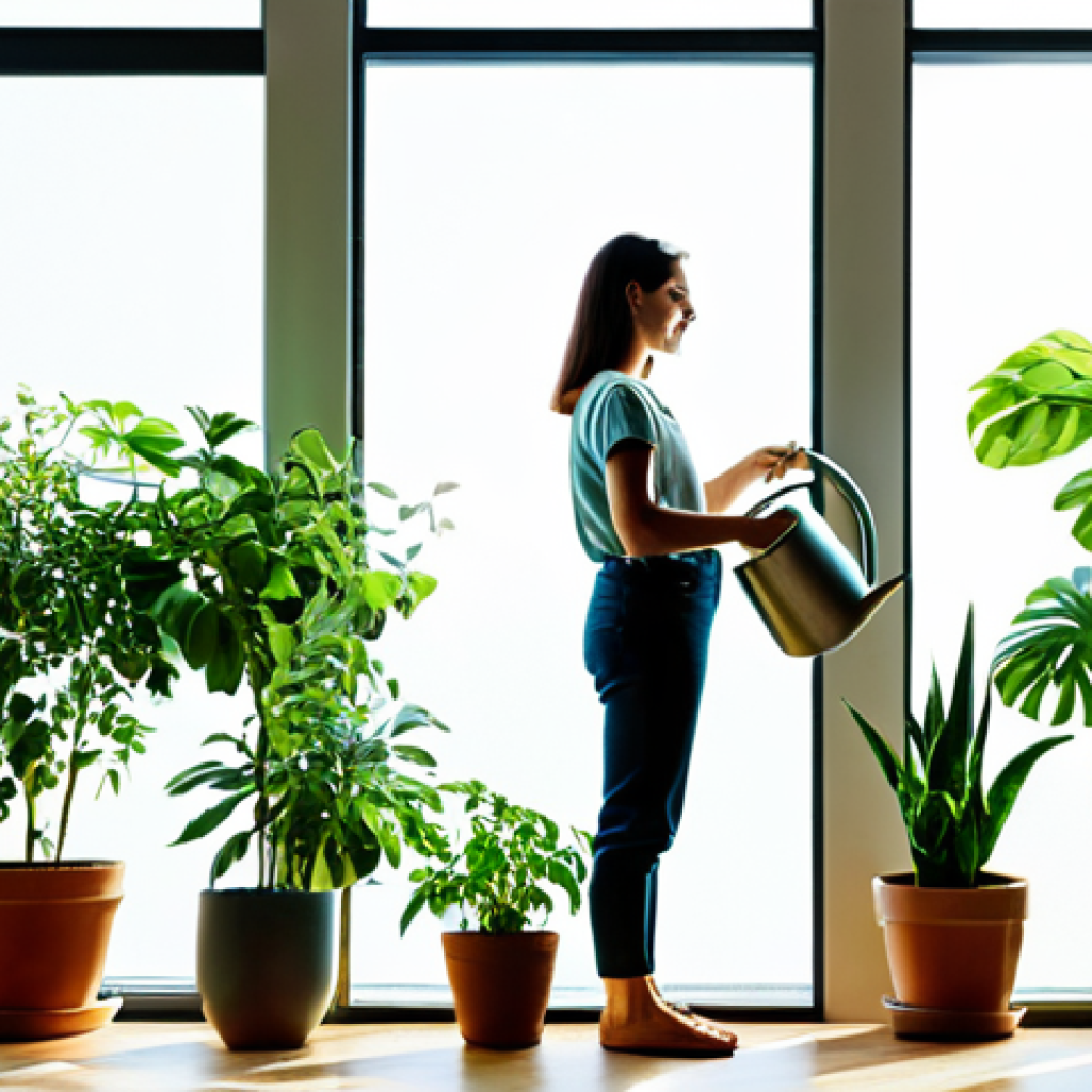 Eco-Friendly Home with Plants**

"A bright and airy living room filled with lush green plants in pots, a woman watering plants, sunlight streaming through the windows, modest clothing, safe for work, appropriate content, fully clothed, family-friendly, perfect anatomy, correct proportions, natural pose, well-formed hands, proper finger count, natural body proportions, high-quality, professional."

**