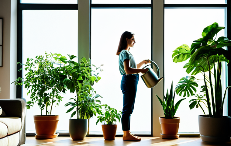 Eco-Friendly Home with Plants**
"A bright and airy living room filled with lush green plants in pots, a woman watering plants, sunlight streaming through the windows, modest clothing, safe for work, appropriate content, fully clothed, family-friendly, perfect anatomy, correct proportions, natural pose, well-formed hands, proper finger count, natural body proportions, high-quality, professional."
**