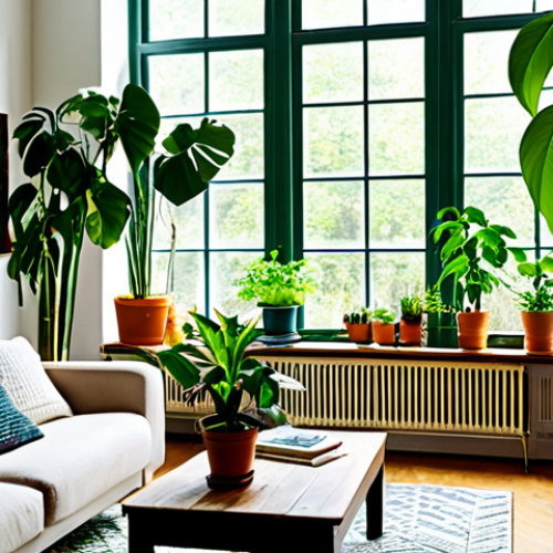 Home 11 **
"A bright and airy living room with a variety of healthy, fully clothed, thriving houseplants. Sunlight streams through the windows, illuminating the vibrant green leaves. The plants are in decorative pots, placed on shelves and tables. Safe for work, appropriate content, professional, family-friendly, perfect anatomy, correct proportions, natural pose, well-formed leaves."
**