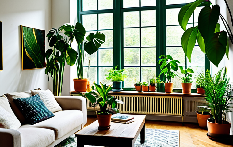 **
"A bright and airy living room with a variety of healthy, fully clothed, thriving houseplants. Sunlight streams through the windows, illuminating the vibrant green leaves. The plants are in decorative pots, placed on shelves and tables. Safe for work, appropriate content, professional, family-friendly, perfect anatomy, correct proportions, natural pose, well-formed leaves."
**