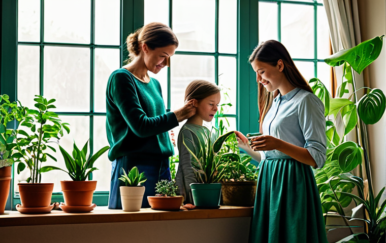 겨울철 식물 관리 - **
"A cozy indoor scene showing various potted plants thriving near a window, fully clothed family ...