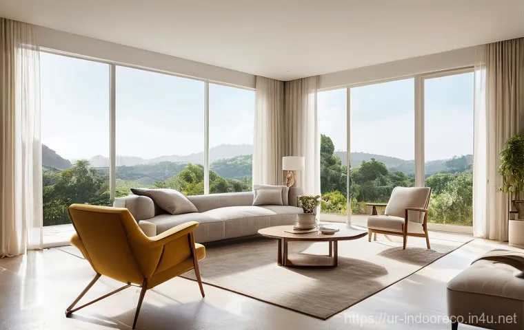 에너지 절약형 실내 생태계 구성 - **Prompt 1: Serene, Naturally Lit Living Space**
"A bright and airy living room bathed in abunda...